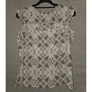 Worthington Ruffled Sleeveless Blouse Petite Medium Top Gold Geometric Print